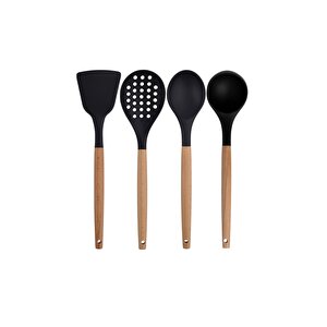 Siyah Bambu Silikon - Kepçe, Kaşık, Kevgir, Makarna, Açılı Spatula, Makas 6 Lı Set