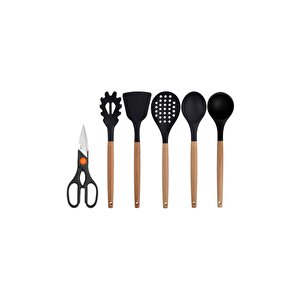 Siyah Bambu Silikon - Kepçe, Kaşık, Kevgir, Makarna, Açılı Spatula, Makas 6 Lı Set