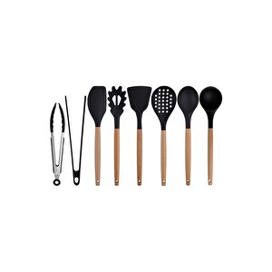 Siyah Bambu Silikon - Kepçe, Kaşık, Kevgir, Makarna, Açılı - Düz Spatula, Metal - Silikon Maşa Set