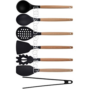 Siyah Bambu Silikon Servis Set - Kepçe Kaşık Kevgir, Makarna, Açılı Düz Spatula, Silikon Maşa 7 Adet