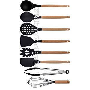 Siyah Bambu Silikon Servis Seti Kepçe, Kaşık, Kevgir, Makarna, 2 Spatula, Çelik Maşa, Çırpıcı 8 Adet