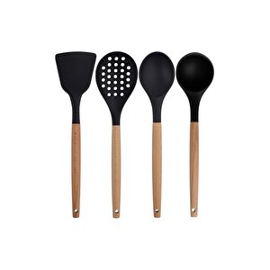 Siyah Bambu Silikon Servis Seti Kepçe, Kaşık, Kevgir, Makarna, 2 Spatula, Çelik Maşa, Çırpıcı 8 Adet