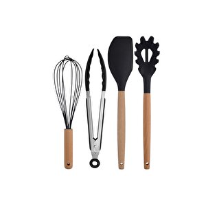 Siyah Bambu Silikon Servis Seti Kepçe, Kaşık, Kevgir, Makarna, 2 Spatula, Çelik Maşa, Çırpıcı 8 Adet