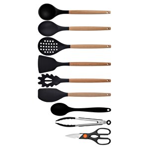 Siyah Bambu Silikon - Kepçe, Kaşık, Kevgir, Makarna, 2 Spatula, Makas, Silikon Kaşık, Metal Maşa