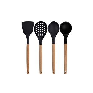 Siyah Bambu Silikon - Kepçe, Kaşık, Kevgir, Makarna, 2 Spatula, Makas, Silikon Kaşık, Metal Maşa