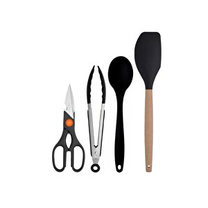 Siyah Bambu Silikon - Kepçe, Kaşık, Kevgir, Makarna, 2 Spatula, Makas, Silikon Kaşık, Metal Maşa