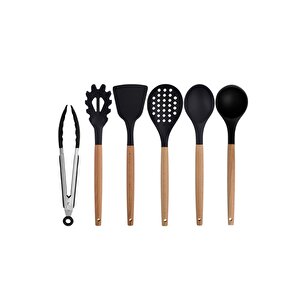 Siyah Bambu Silikon - Kepçe, Kaşık, Kevgir, Makarna, Açılı Spatula, Metal Maşa 6 Lı Set