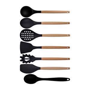 Siyah Bambu Silikon - Kepçe, Kaşık, Kevgir, Makarna, Açılı - Düz Spatula, Silikon Kaşık 7 Li Set