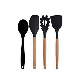 Siyah Bambu Silikon - Kepçe, Kaşık, Kevgir, Makarna, Açılı - Düz Spatula, Silikon Kaşık 7 Li Set