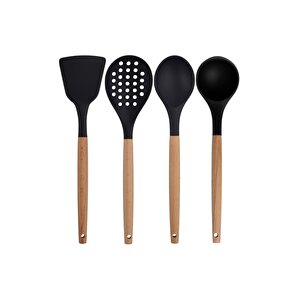 Siyah Bambu Silikon - Kepçe, Kaşık, Kevgir, Makarna, Açılı - Düz Spatula, Silikon Kaşık 7 Li Set