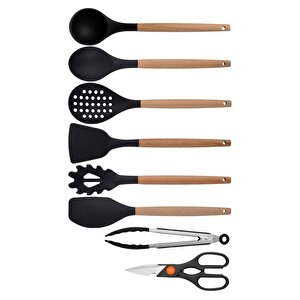 Siyah Bambu Silikon - Kepçe, Kaşık, Kevgir, Makarna, Açılı - Düz Spatula, Metal Maşa, Makas 8 Li Set