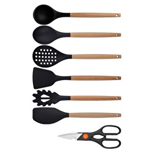 Siyah Bambu Silikon - Kepçe, Kaşık, Kevgir, Makarna, Açılı - Düz Spatula, Makas 7 Li Set