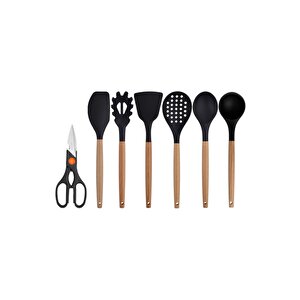 Siyah Bambu Silikon - Kepçe, Kaşık, Kevgir, Makarna, Açılı - Düz Spatula, Makas 7 Li Set