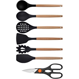 Siyah Bambu Silikon Servis Seti - Kepçe, Kaşık, Kevgir, Makarna, Açılı Düz Spatula, Makas 7 Adet