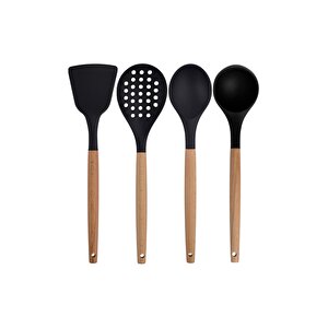 Siyah Bambu Silikon Servis Seti - Kepçe, Kaşık, Kevgir, Makarna, Açılı Düz Spatula, Makas 7 Adet