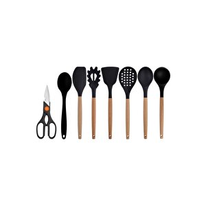 Siyah Bambu Silikon - Kepçe, Kaşık, Kevgir, Makarna, Açılı - Düz Spatula, Silikon Kaşık, Makas Set