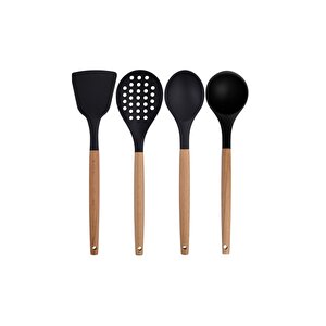 Siyah Bambu Silikon - Kepçe, Kaşık, Kevgir, Makarna, Açılı - Düz Spatula, Silikon Kaşık, Makas Set