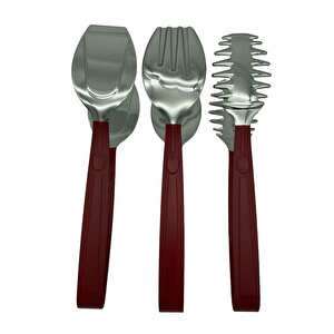 Lüks 3 Parça Gümüş Kırmızı Paslanmaz Çelik Makarna, Salata, Pasta Maşası Seti 18/10 Paslanmaz Çelik