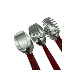 Lüks 3 Parça Gümüş Kırmızı Paslanmaz Çelik Makarna, Salata, Pasta Maşası Seti 18/10 Paslanmaz Çelik