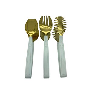 Lüks 3 Parça Beyaz Gold Servis Sunum Makarna Salata Pasta Maşa Seti - Paslanmaz Çelik