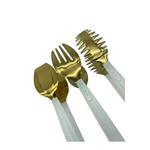 Lüks 3 Parça Beyaz Gold Servis Sunum Makarna Salata Pasta Maşa Seti - Paslanmaz Çelik