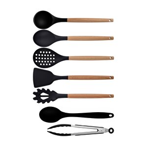 Siyah Bambu Silikon - Kepçe, Kaşık, Kevgir, Makarna, Spatula, Silikon Kaşık, Metal Maşa Seti