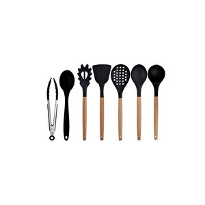Siyah Bambu Silikon - Kepçe, Kaşık, Kevgir, Makarna, Spatula, Silikon Kaşık, Metal Maşa Seti