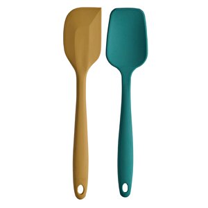Büyük Boy Yanmaz Yapışmaz Sarı Yassı Ve Yeşil Düz Silikon Spatula Seti 2 Adet