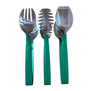 Lüks 3 Parça Gümüş Yeşil Paslanmaz Çelik Makarna, Salata, Pasta Maşa Seti Paslanmaz Çelik
