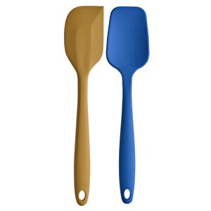 Büyük Boy Yanmaz Yapışmaz Sarı Yassı Ve Mavi Düz  Silikon Spatula Seti 2 Adet