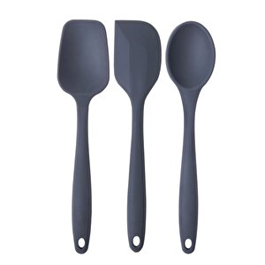 Büyük Boy Yanmaz Silikon Düz, Yassı, Kaşık Spatula Seti 3 Parça - Spatula Kaşık Antrasit 3 Adet