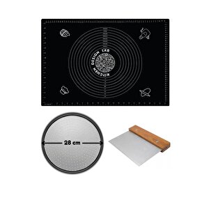 Siyah Silikon Hamur Açma Matı 45 X 65 Cm, 28 Cm Pizza Tepsisi Ve Ahşap Saplı Hamur Ve Pizza Kesici