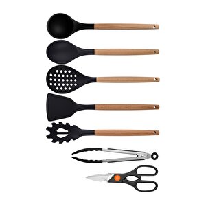 Siyah Bambu Silikon - Kepçe, Kaşık, Kevgir, Makarna, Açılı Spatula, Metal Maşa, Makas 7 Li Set