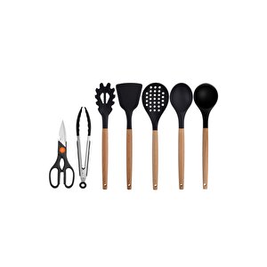 Siyah Bambu Silikon - Kepçe, Kaşık, Kevgir, Makarna, Açılı Spatula, Metal Maşa, Makas 7 Li Set
