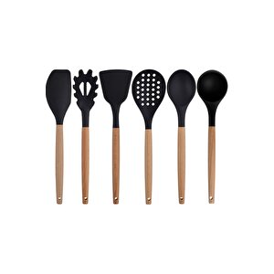 Siyah Bambu Silikon Kepçe Kaşık Kevgir Makarna, 2 Spatula, 2 Maşa, Çırpıcı, S Kaşık, Makas 11 Li Set
