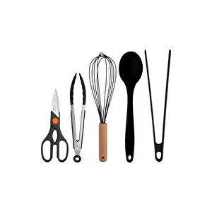 Siyah Bambu Silikon Kepçe Kaşık Kevgir Makarna, 2 Spatula, 2 Maşa, Çırpıcı, S Kaşık, Makas 11 Li Set