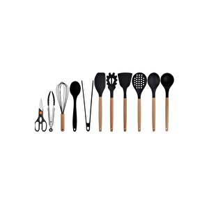 Siyah Bambu Silikon Kepçe Kaşık Kevgir Makarna, 2 Spatula, 2 Maşa, Çırpıcı, S Kaşık, Makas 11 Li Set