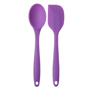 Büyük Boy Yanmaz Yapışmaz Mor Silikon Yassı Ve Kaşık Spatula Seti 2 Adet