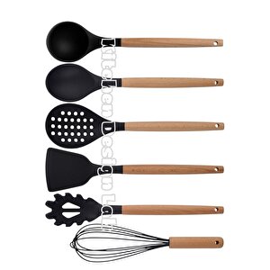 Siyah Bambu Saplı Silikon Servis Seti 6 Adet, Kepçe, Kaşık, Kevgir, Makarna, Açılı Spatula, Çırpıcı