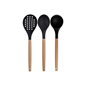 Siyah Bambu Saplı Silikon Servis Seti 6 Adet, Kepçe, Kaşık, Kevgir, Makarna, Açılı Spatula, Çırpıcı