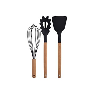 Siyah Bambu Saplı Silikon Servis Seti 6 Adet, Kepçe, Kaşık, Kevgir, Makarna, Açılı Spatula, Çırpıcı