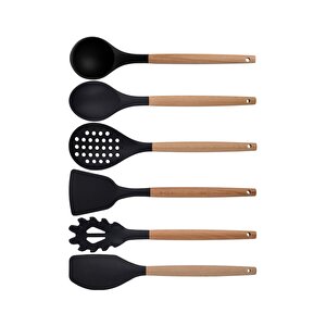 Siyah Bambu Silikon - Kepçe, Kaşık, Kevgir, Makarna, Açılı - Düz Spatula 6'lı Set