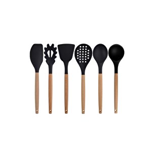 Siyah Bambu Silikon - Kepçe, Kaşık, Kevgir, Makarna, Açılı - Düz Spatula 6'lı Set