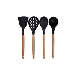 Siyah Bambu Silikon - Kepçe, Kaşık, Kevgir, Makarna, Açılı - Düz Spatula 6'lı Set