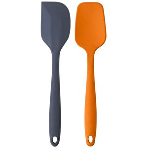 Büyük Boy Yanmaz Yapışmaz Antrasit Yassı Ve Turuncu Düz Silikon Spatula Seti 2 Adet