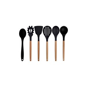 Siyah Bambu Silikon - Kepçe, Kaşık, Kevgir, Makarna, Açılı Spatula, Silikon Kaşık Set