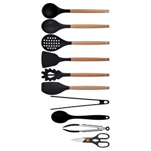 Siyah Bambu Silikon - Kepçe, Kaşık, Kevgir, Makarna, 2 Spatula, 2 Maşa, Silikon Kaşık, Makas Set