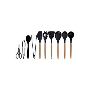 Siyah Bambu Silikon - Kepçe, Kaşık, Kevgir, Makarna, 2 Spatula, 2 Maşa, Silikon Kaşık, Makas Set