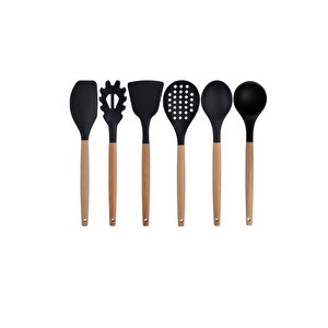 Siyah Bambu Silikon - Kepçe, Kaşık, Kevgir, Makarna, 2 Spatula, 2 Maşa, Silikon Kaşık, Makas Set
