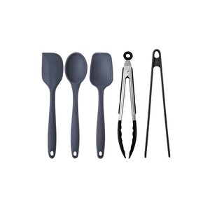 5 Li Antrasit Yanmaz Silikon Düz Yassı Spatula Kaşık 3 Adet Siyah Metal Ve Silikon Uçlu Maşa 2 Adet